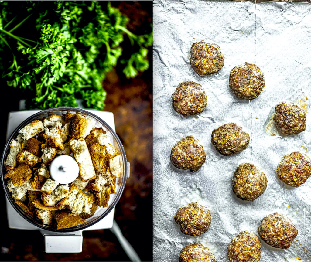 Meatball mixture in a food processor and then shaped into balls on a baking sheet.